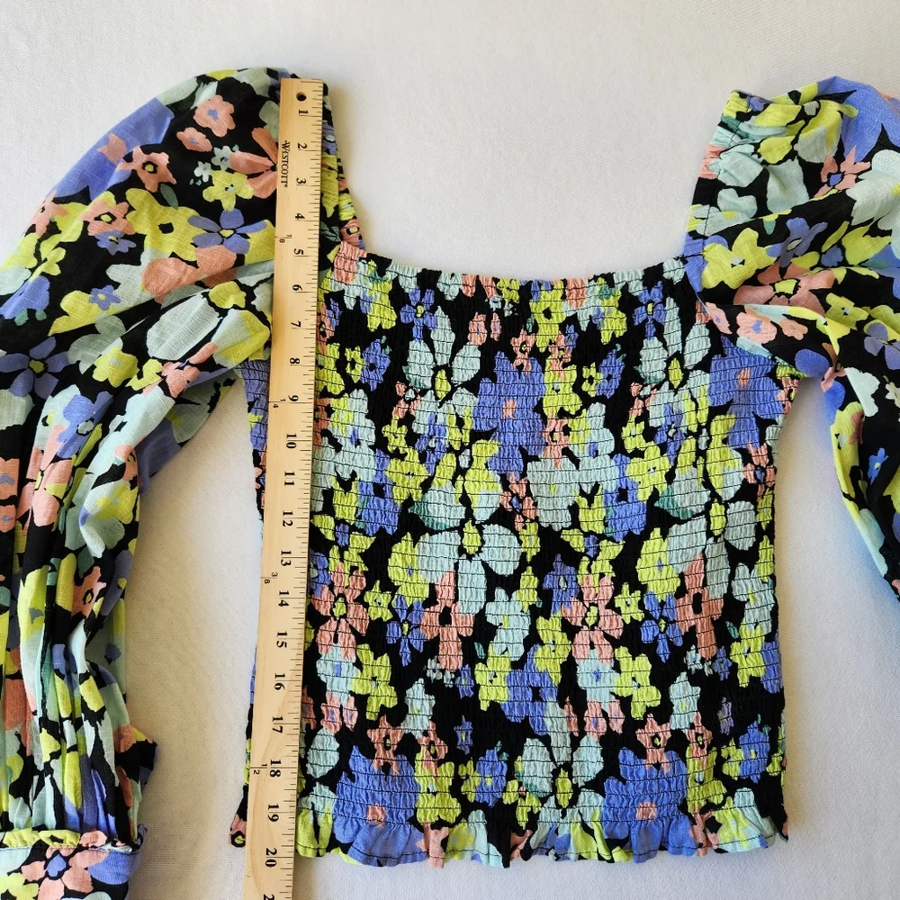 Free People Ariana Floral Colorful Printed Crop Top Blouse Long Sleeves Medium - Picture 15 of 15